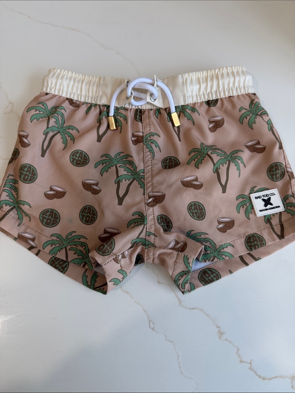 Tan Palm Tree Print Kids Swim Trunks with Drawstring
